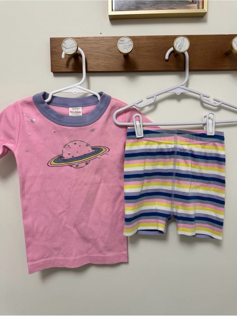Hanna Andersson Pink Planet Short Sleeve Kids Pajama Set with Striped Shorts